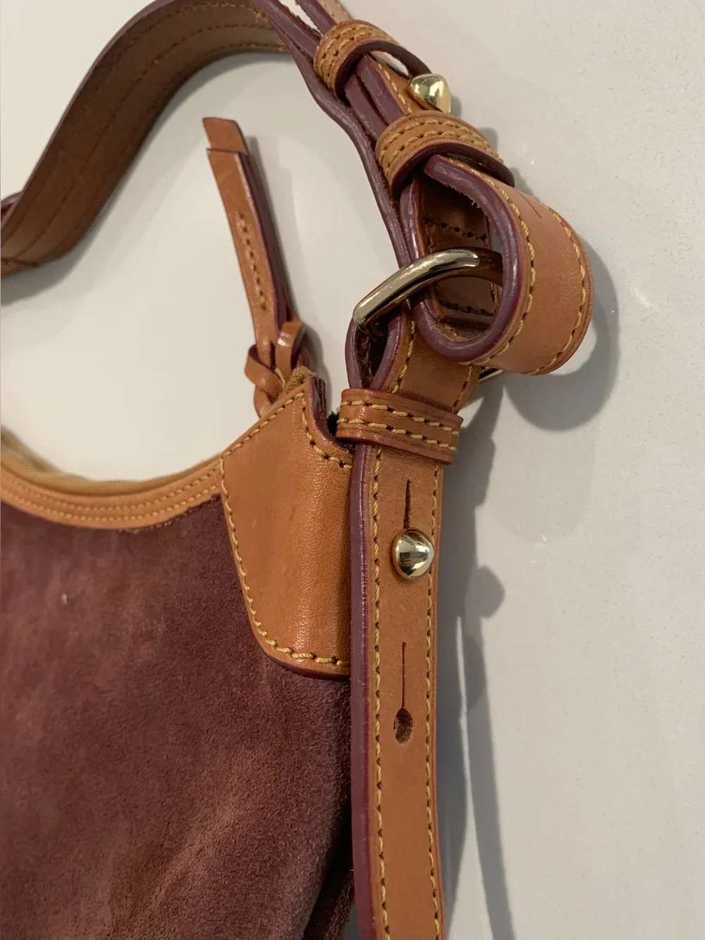 Dooney & Bourke Suede Leather Shoulder Hobo Bag, Brown Wine Slouch Tan Trim - Picture 13 of 14